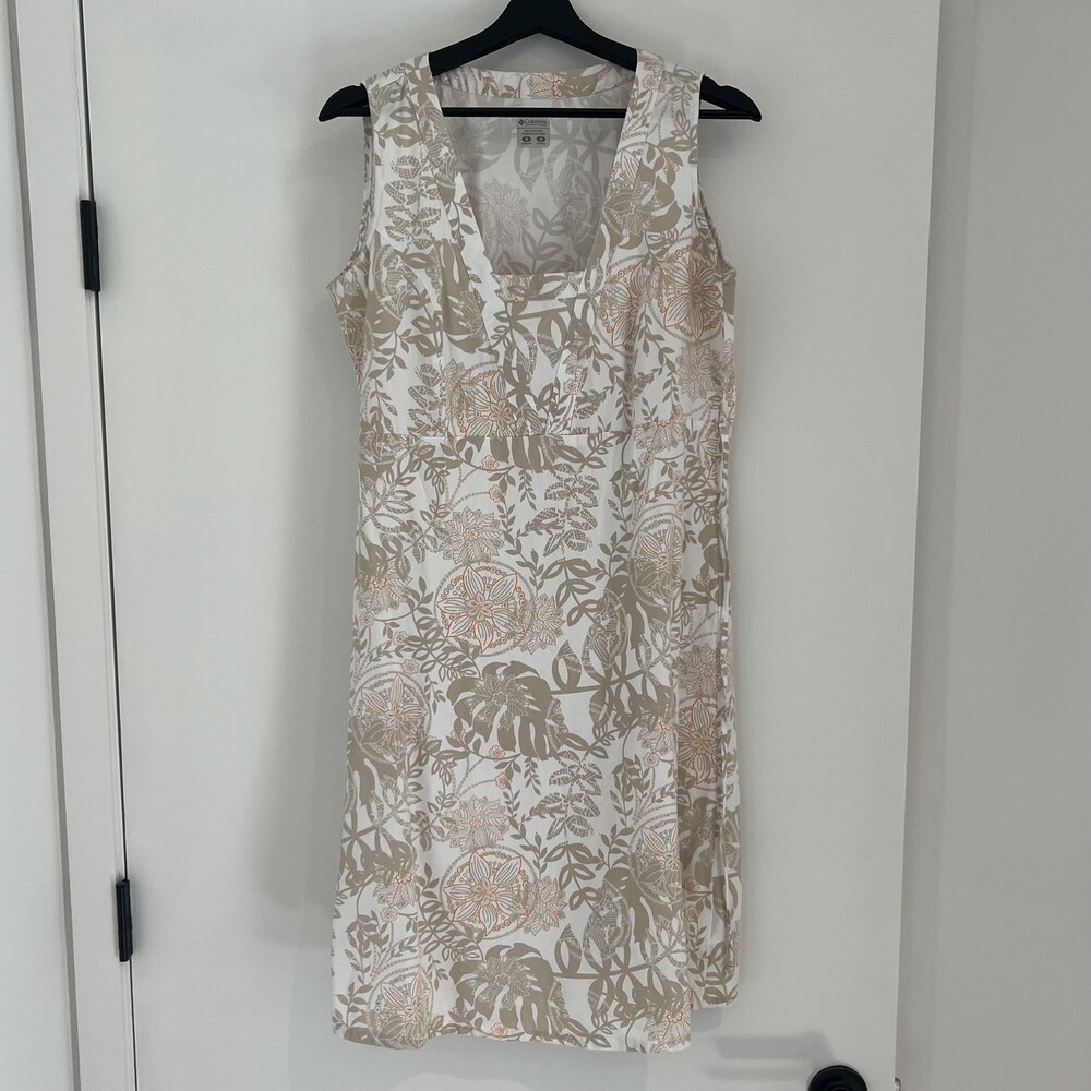 Columbia PFG Sundress Medium Tan Floral Tropical Leaf Cotton V-Neck Midi Dress